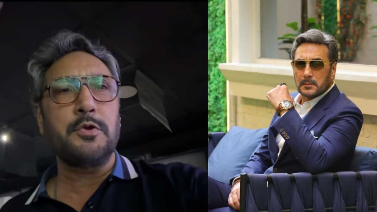 Two photos of Adnan Siddiqui side by side, a selfie video still and a portrait in a navy suit and sunglasses