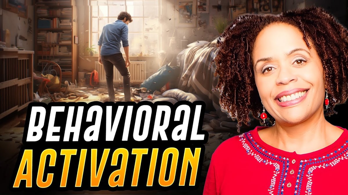 Dr Tracey Marks smiling beside the words Behavioral Activation and an illustration of a messy room