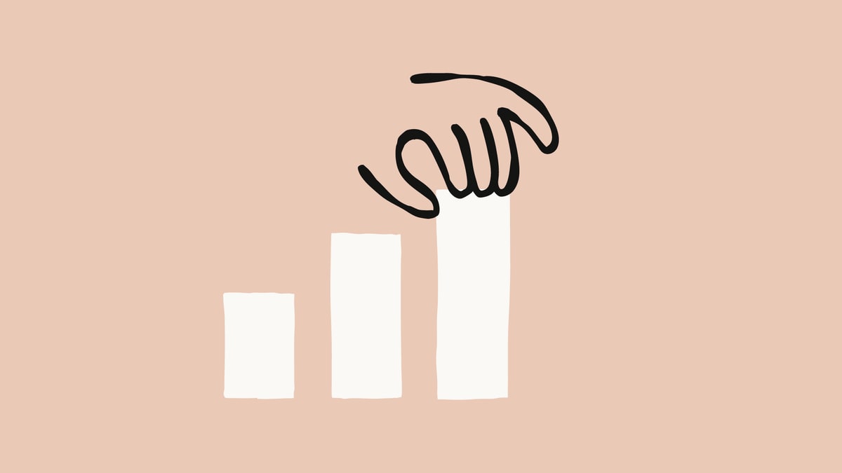 Anthropic illustration of a hand placing the tallest of three white bars on a peach background