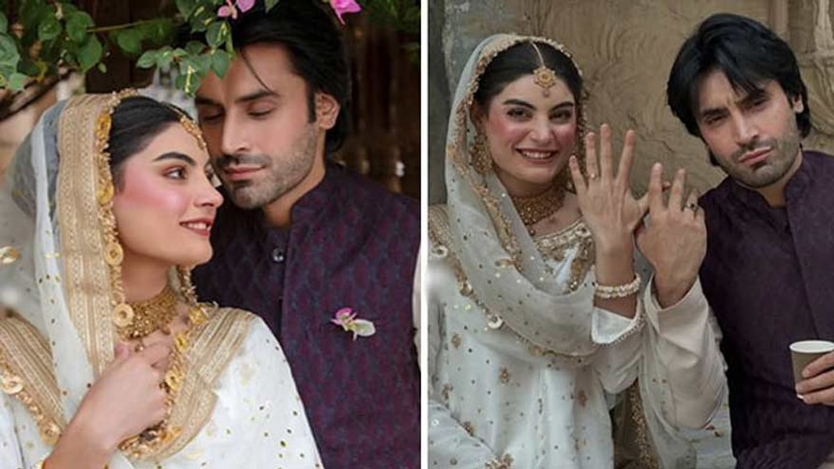 Esra Ayesha in white and gold and Zayb Khan in a purple coat in two photos from their nikah, one showing their rings