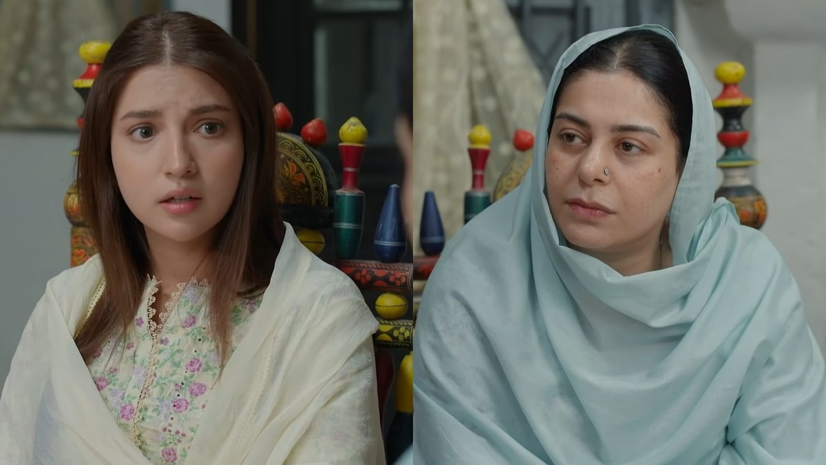 Dananeer Mobeen as Hurmat beside a co-star in a split image of scenes from the HUM TV drama Hurmat