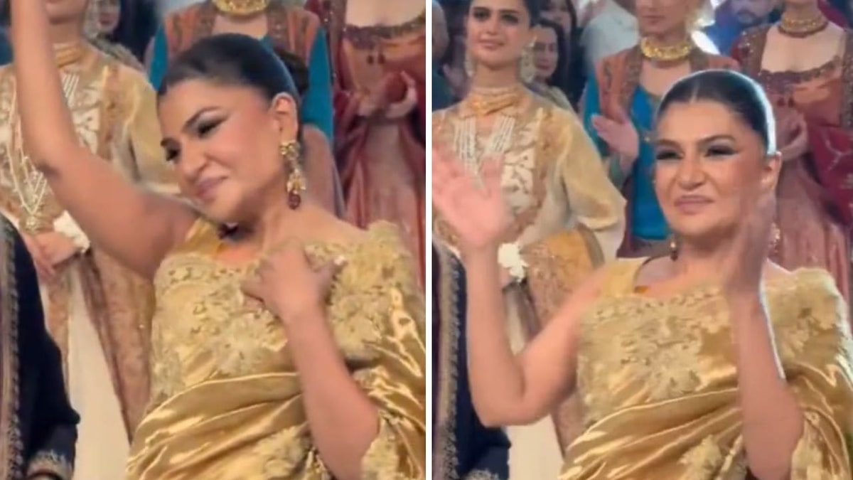Two stills of Iffat Omar in a gold saree on the runway during the fashion show finale
