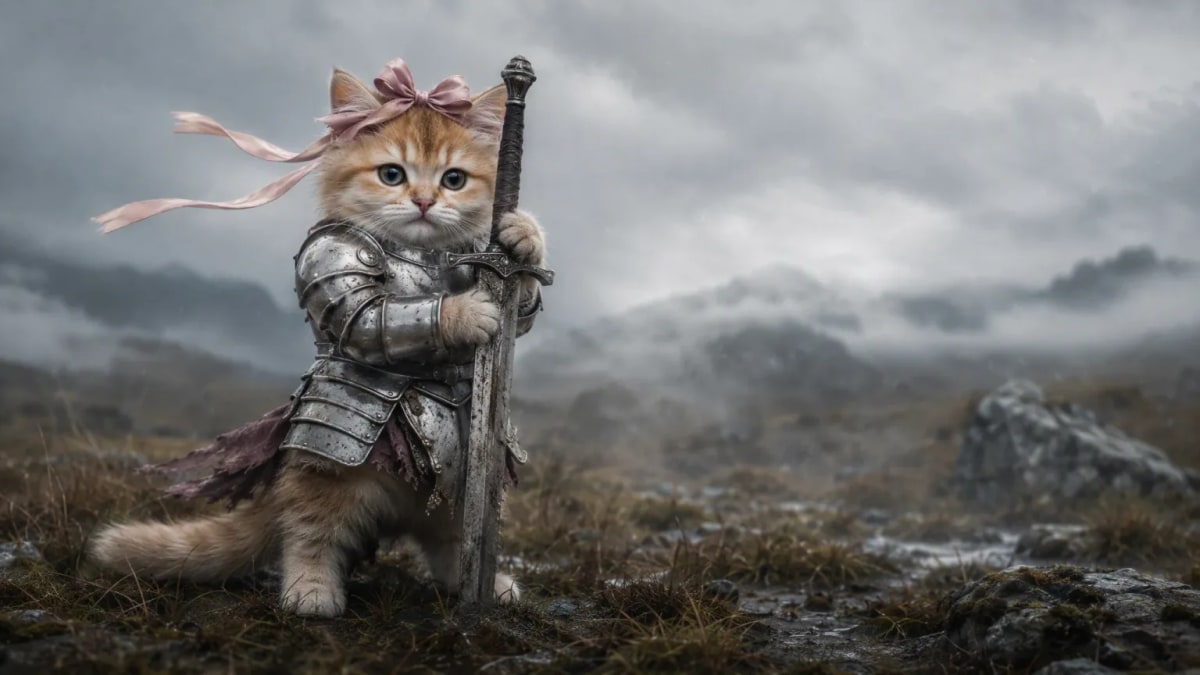 The AI-generated Knight Cat, a tiny kitten in armour holding a sword