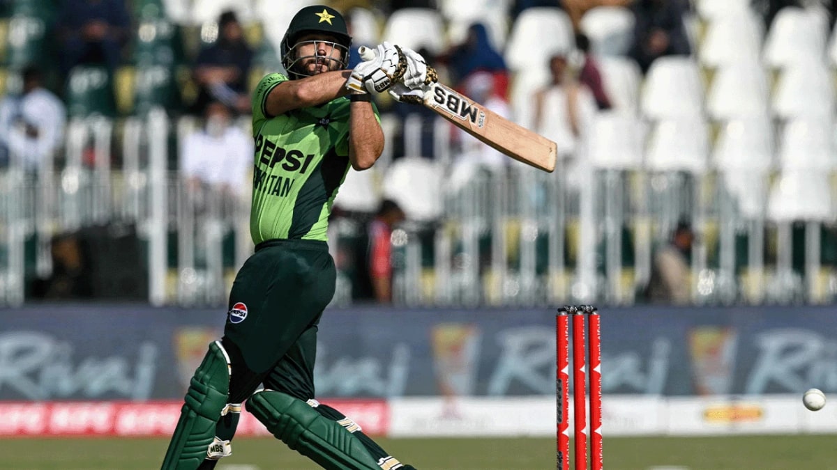 A Pakistan batter plays a pull shot in a white-ball match in Rawalpindi