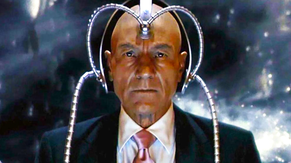 Patrick Stewart as Professor Charles Xavier wearing the Cerebro helmet in X-Men