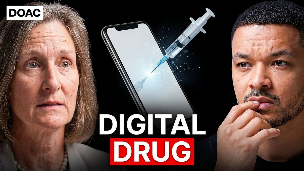 Dr Anna Lembke and Steven Bartlett either side of a phone and a syringe under the words Digital Drug