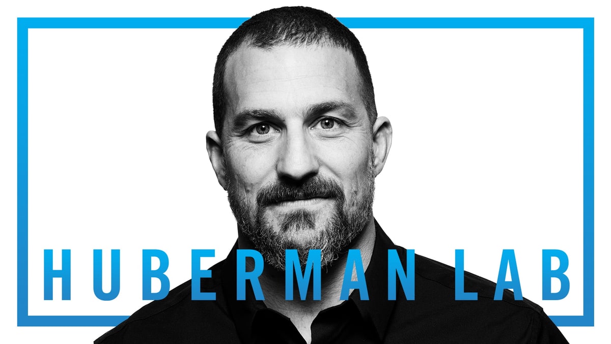 Black-and-white portrait of Dr. Andrew Huberman on the Huberman Lab podcast cover
