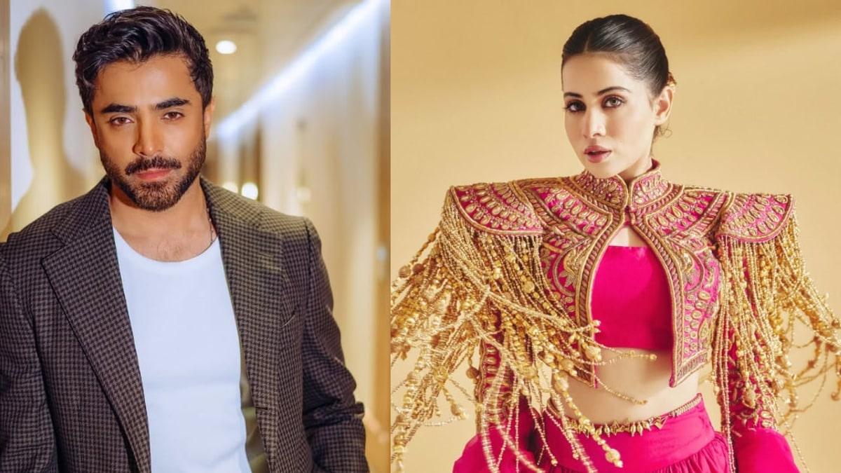 Sheheryar Munawar in a checked blazer beside Urfi Javed in a pink outfit with gold fringe, side by side
