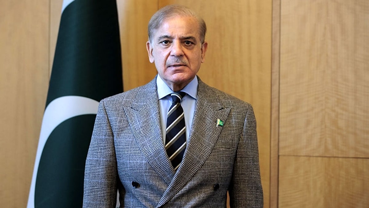 Prime Minister Shehbaz Sharif standing beside the Pakistan flag